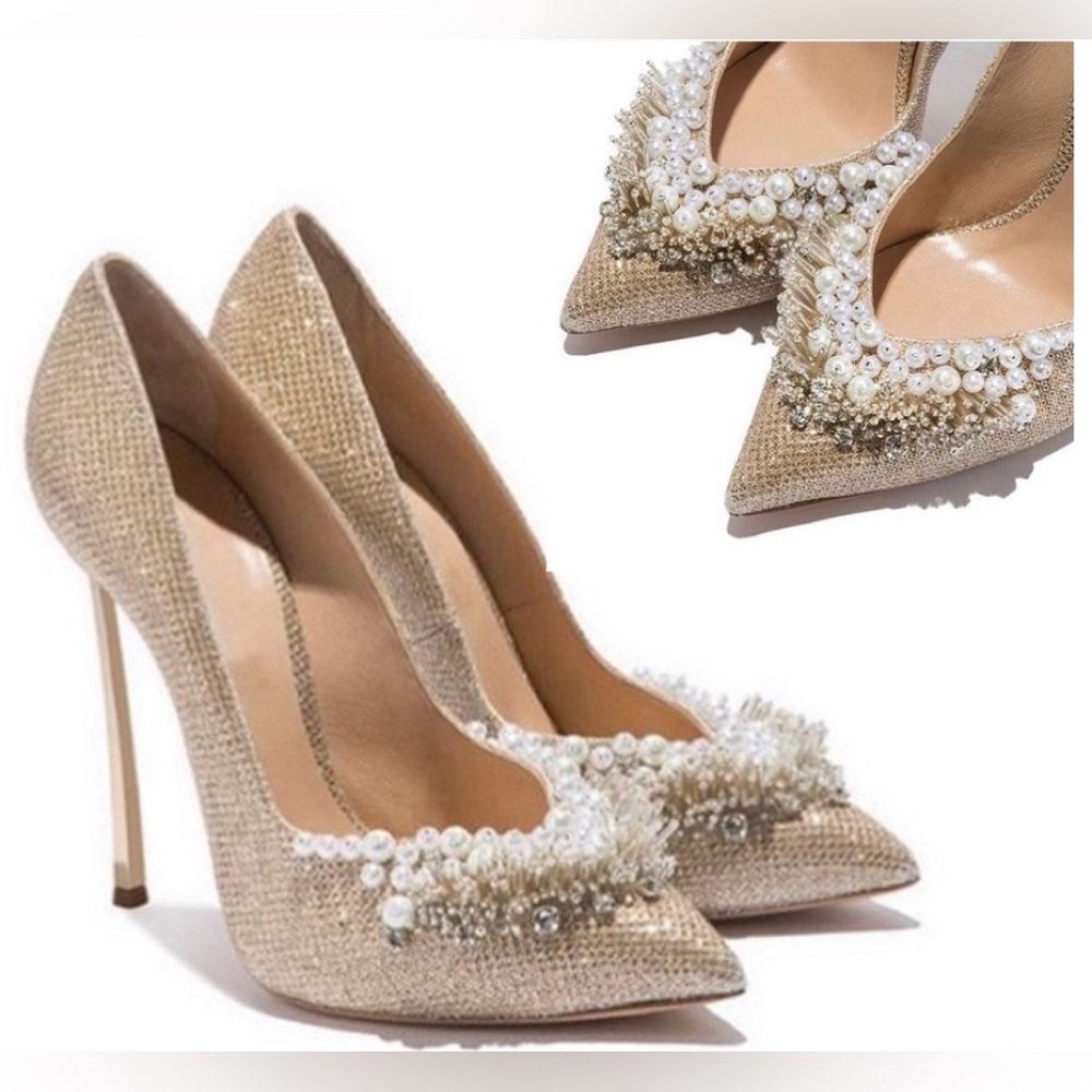 Casadei gold glitter stiletto blade high heel pumps 10 pearl beads rhinestones